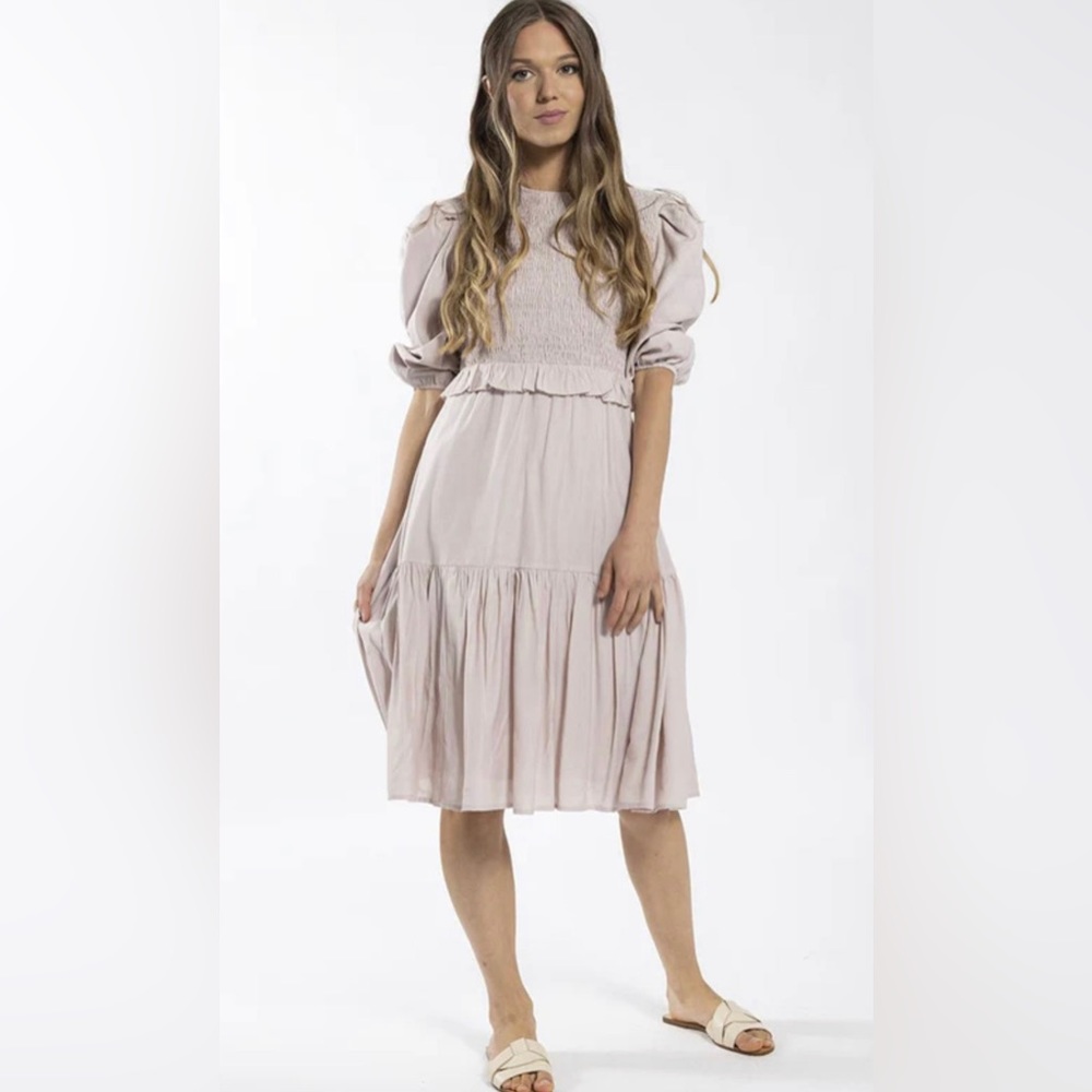 STATIC SMOCKED PUFF SLEEVE DRESS in Blush